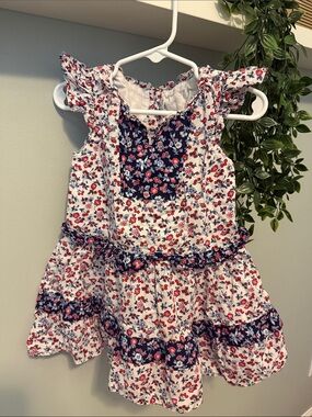 Janie and Jack White Floral Tiered Tank Top with Navy Accents